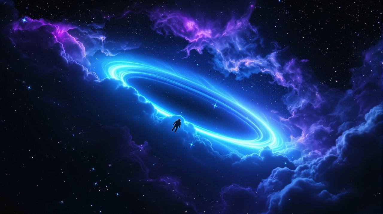 泡泡影视科幻影视导航站主视觉，深空中发光的虫洞与星云